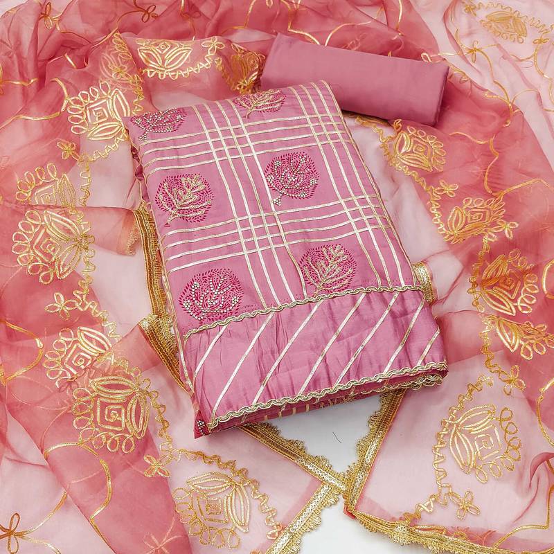 Pink embroidered cotton silk semi stitched churidar dress-materials