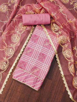 Pink embroidered cotton silk churidar dress-materials 4