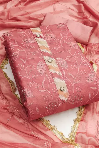 Baby-pink embroidered chanderi semi stitched churidar dress-materials