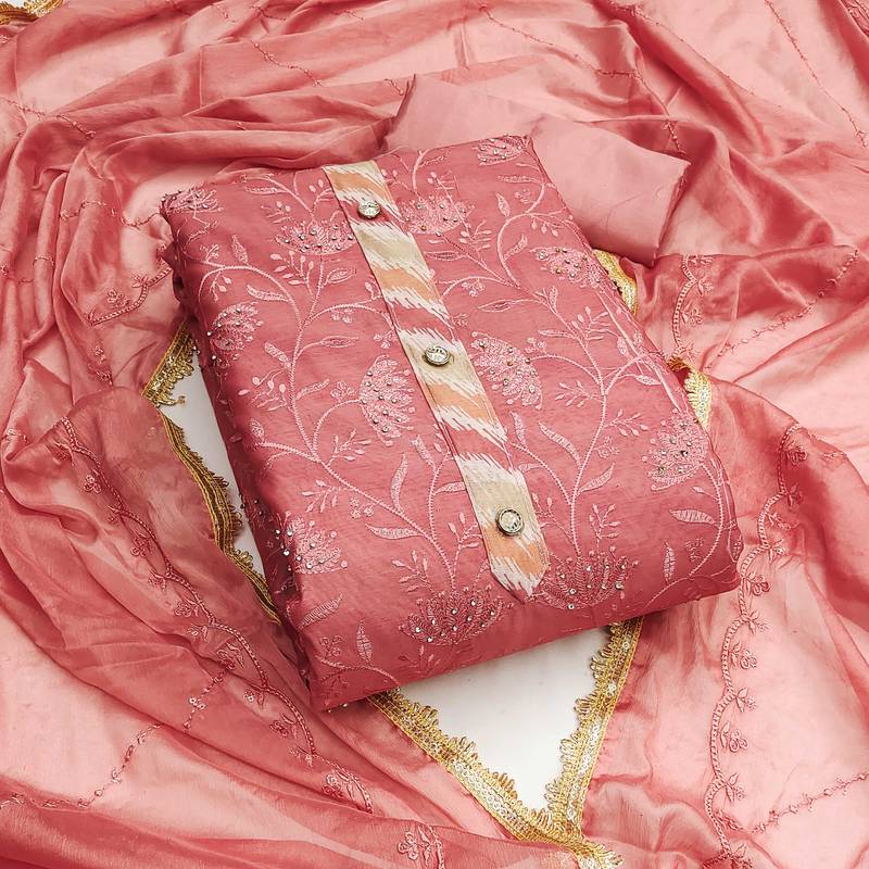 Baby-pink embroidered chanderi semi stitched churidar dress-materials