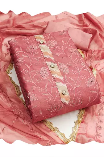 Baby-pink embroidered chanderi churidar dress-materials