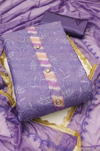 Purple embroidered chanderi semi stitched churidar dress-materials