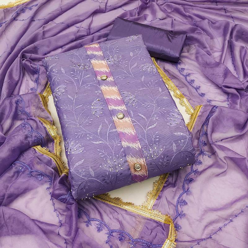 Purple embroidered chanderi semi stitched churidar dress-materials