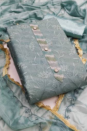 Sea-green embroidered chanderi semi stitched churidar dress-materials