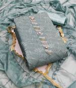Sea-green embroidered chanderi semi stitched churidar dress-materials