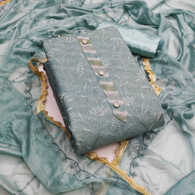 Sea-green embroidered chanderi semi stitched churidar dress-materials