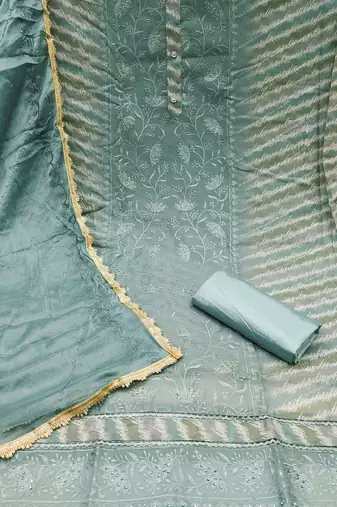Sea-green embroidered chanderi churidar dress-materials