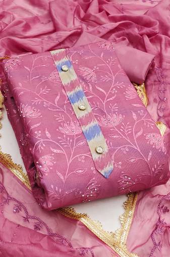 Pink embroidered chanderi semi stitched churidar dress-materials