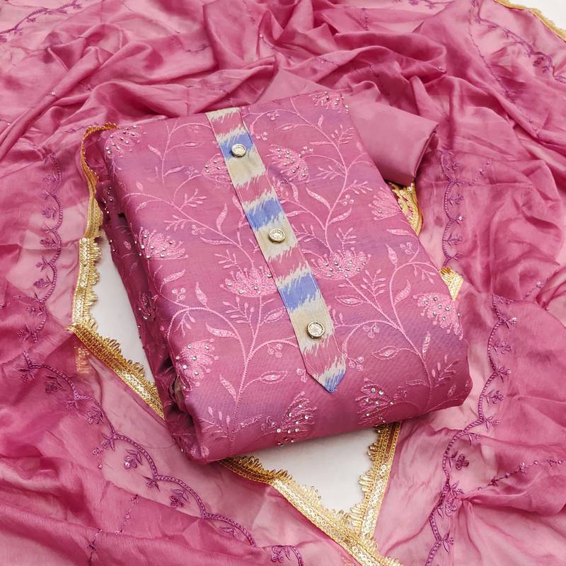 Pink embroidered chanderi semi stitched churidar dress-materials