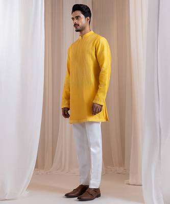 Yellow embroidered chanderi kurta pajama 1