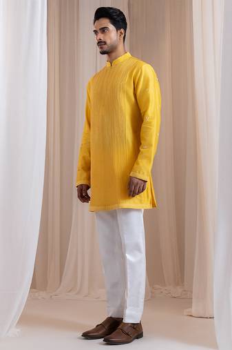 Yellow embroidered chanderi kurta pajama
