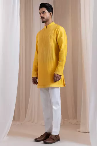 Yellow embroidered chanderi kurta pajama