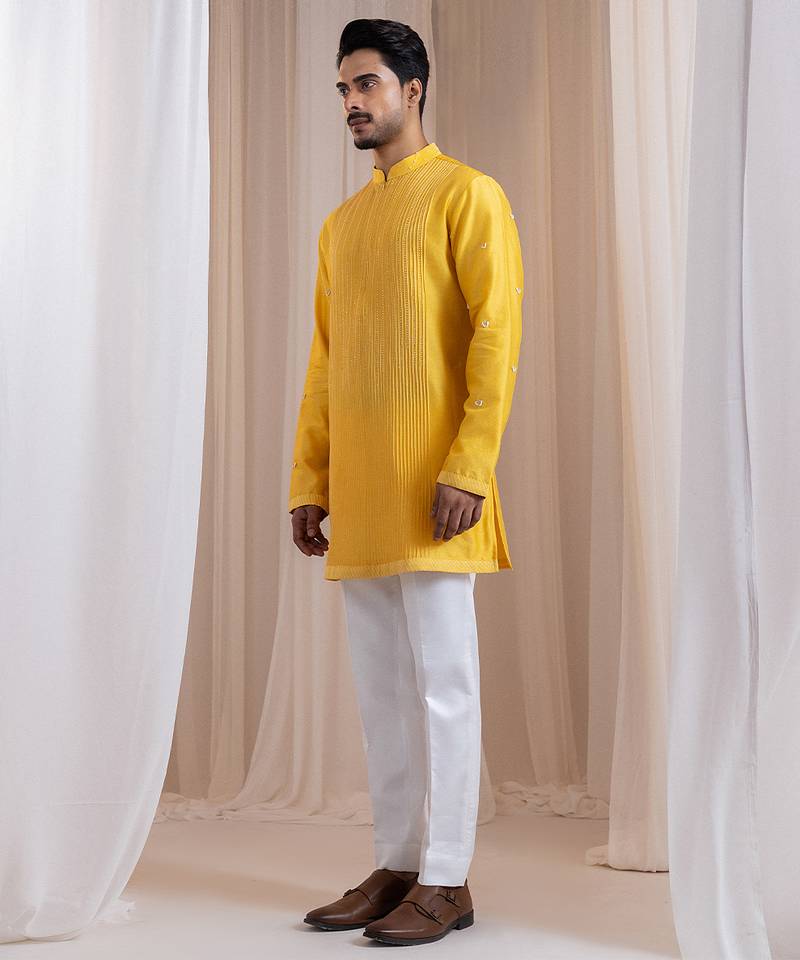 Yellow embroidered chanderi kurta pajama