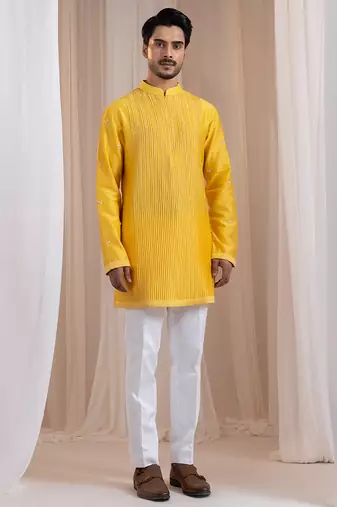 Yellow embroidered chanderi kurta pajama