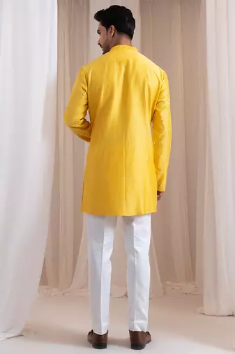 Yellow embroidered chanderi kurta pajama