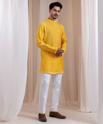 Yellow embroidered chanderi kurta pajama 4