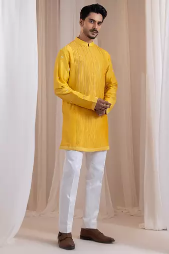 Yellow embroidered chanderi kurta pajama