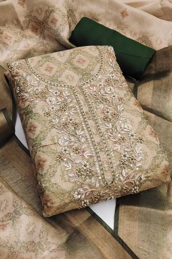 Beige hand embroidery cotton silk semi stitched churidar dress-materials