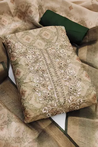 Beige hand embroidery cotton silk semi stitched churidar dress-materials