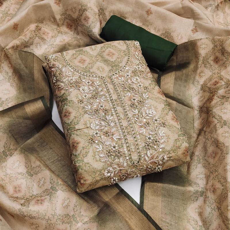 Beige hand embroidery cotton silk semi stitched churidar dress-materials