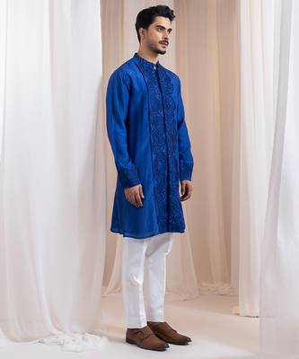 Blue embroidered silk kurta pajama 4
