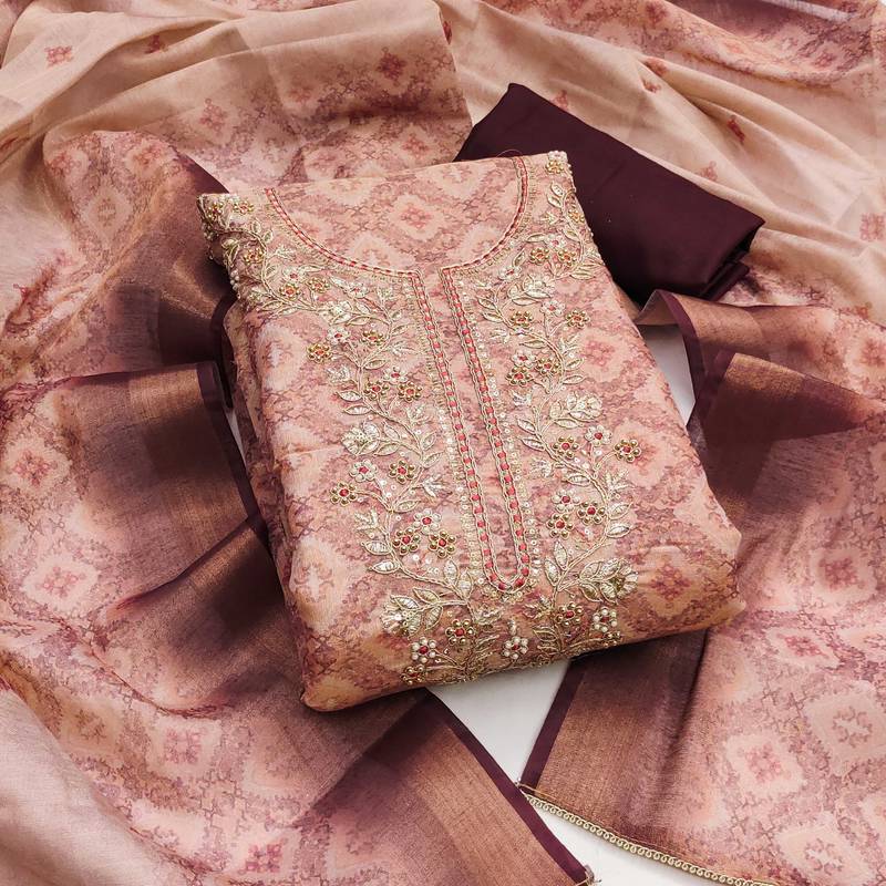 Beige hand embroidery cotton silk semi stitched churidar dress-materials