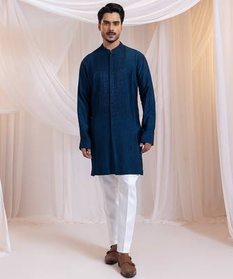 Blue embroidered silk kurta pajama 1
