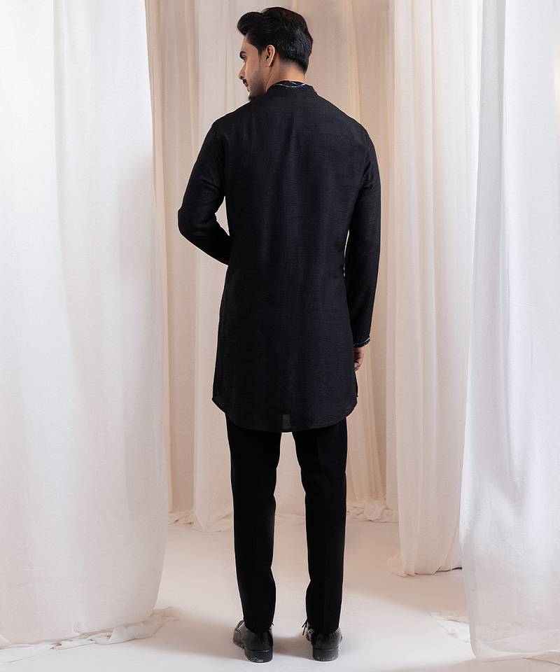 Black embroidered silk kurta pajama