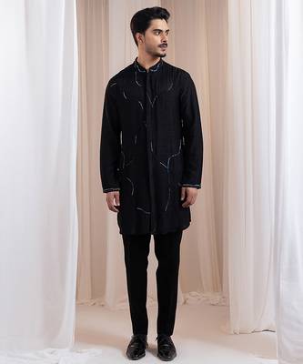 Black embroidered silk kurta pajama 1