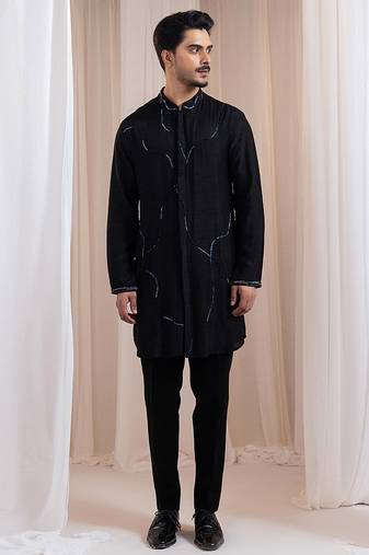 Black embroidered silk kurta pajama