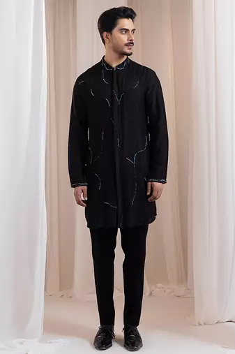 Black embroidered silk kurta pajama