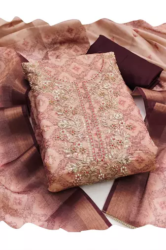 Beige hand embroidery cotton silk churidar dress-materials