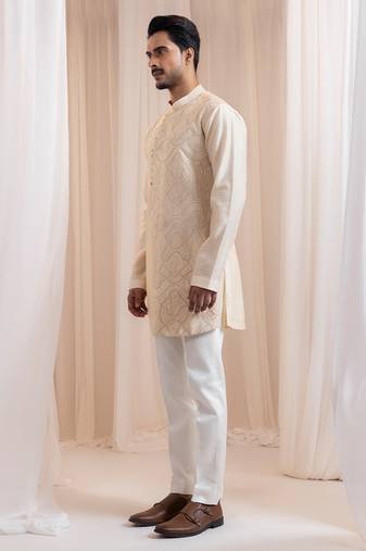 Beige embroidered chanderi kurta pajama