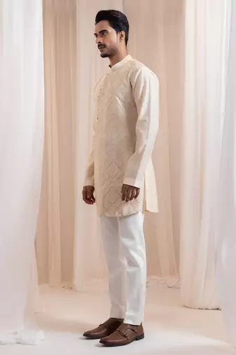 Beige embroidered chanderi kurta pajama