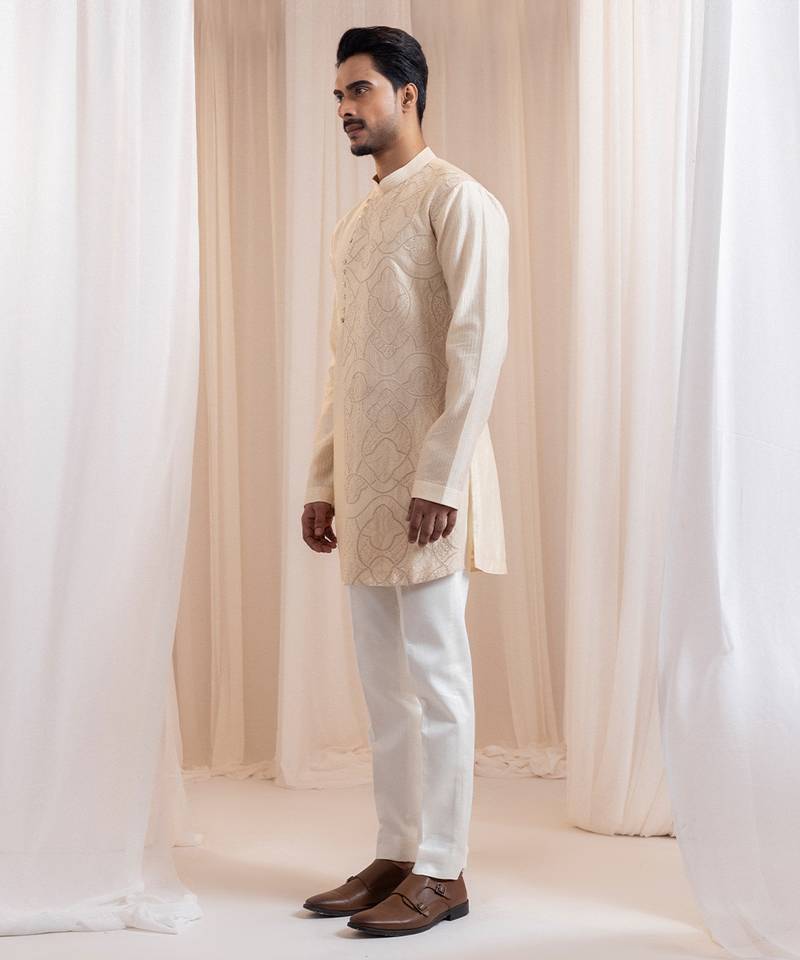 Beige embroidered chanderi kurta pajama