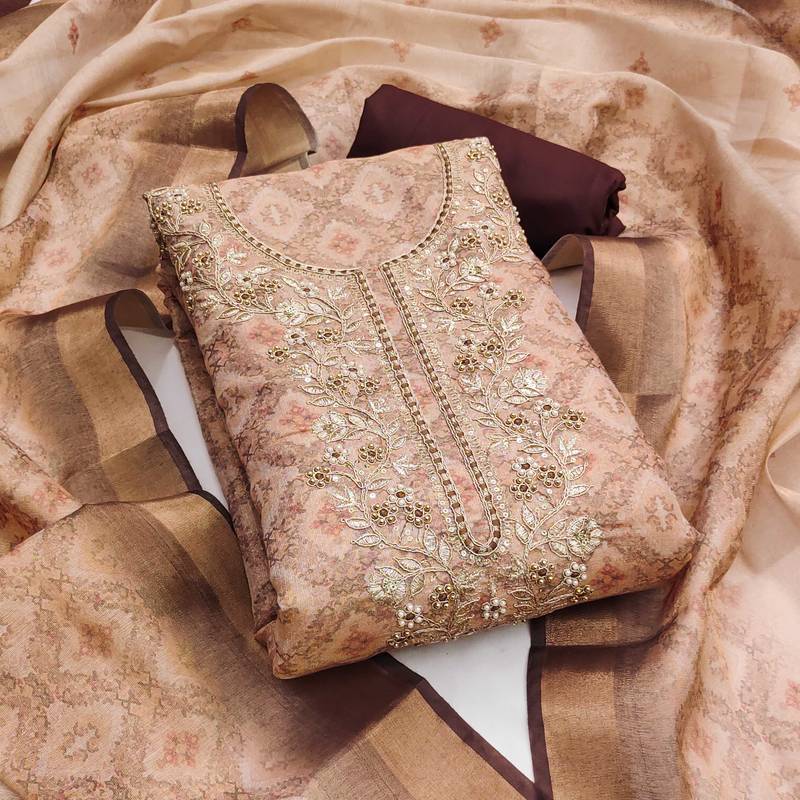 Beige hand embroidery cotton silk semi stitched churidar dress-materials