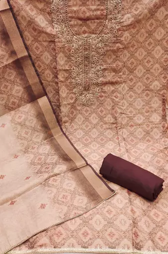 Beige hand embroidery cotton silk churidar dress-materials