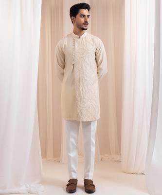 Beige embroidered chanderi kurta pajama 2