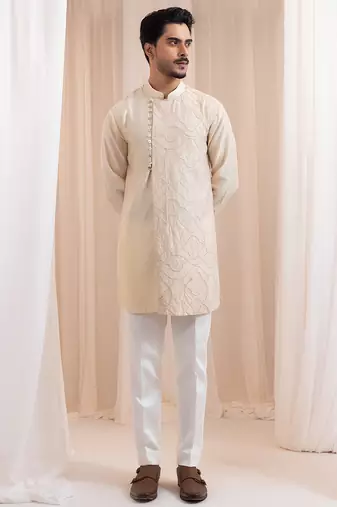 Beige embroidered chanderi kurta pajama