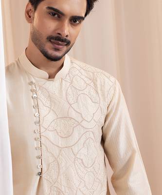 Beige embroidered chanderi kurta pajama 3