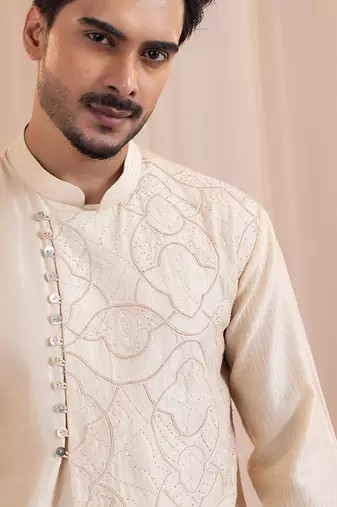 Beige embroidered chanderi kurta pajama