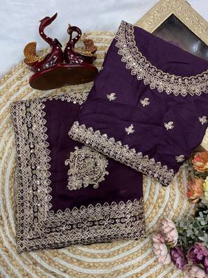 Dark Plum Color Embroidered Rangoli Silk Saree 1