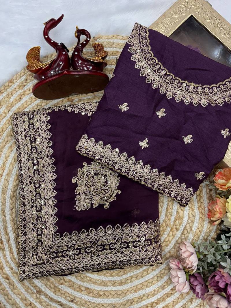 Dark Plum Color Embroidered Rangoli Silk Saree
