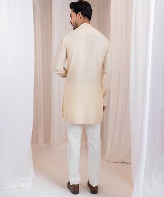 Beige embroidered chanderi kurta pajama 4