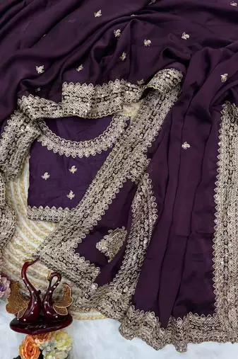 Dark Plum Color Embroidered Rangoli Silk Saree