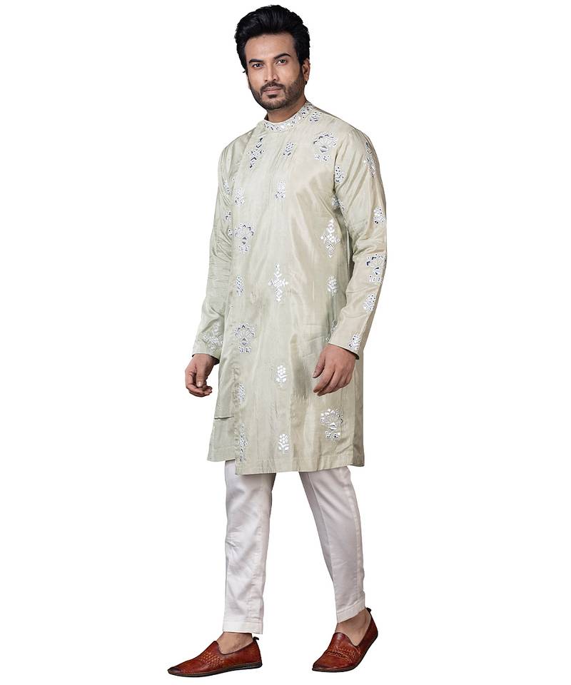 Green embroidered silk kurta pajama