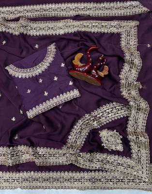 Dark Plum Color Embroidered Rangoli Silk Saree 3