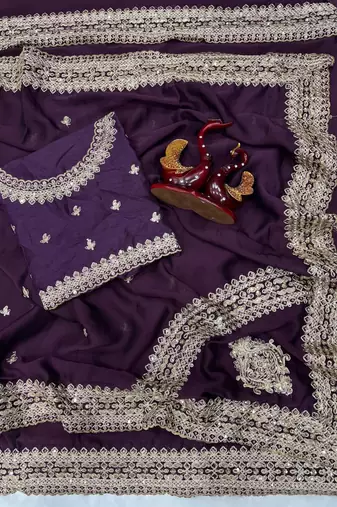 Dark Plum Color Embroidered Rangoli Silk Saree