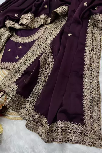Dark Plum Color Embroidered Rangoli Silk Saree