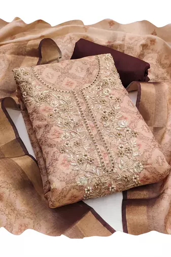 Beige hand embroidery cotton silk churidar dress-materials